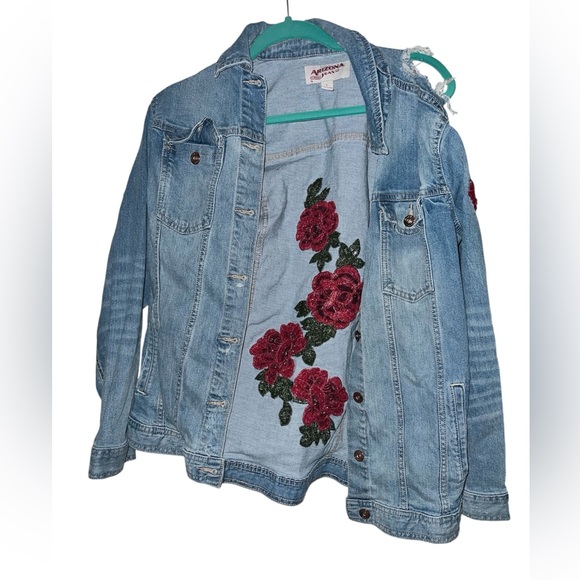 Arizona Jean Company Jackets & Blazers - Arizona Jean  Light Blue With red Embroidered Flowers Denim Distressed Jacket